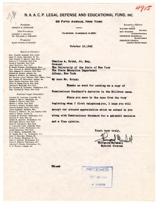 Letter from NAACP Special Counsel Thurgood Marshall to New York State Education Department Counsel Charles A. Brind, Jr., October 15, 1943