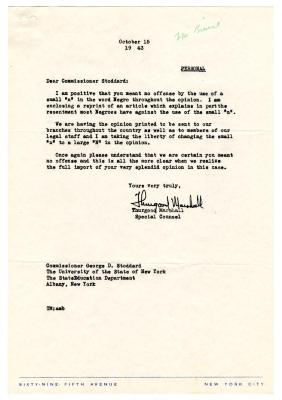 Letter from NAACP Special Counsel Thurgood Marshall to New York State Education Commissioner George D. Stoddard, October 15, 1943