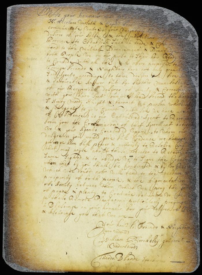 Letter from Sir William Berckeley, governor, and Theodore Blande, speaker of the assembly, of Virginia to the director and council