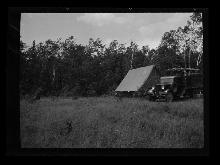 Feeding tent and truck on woodlot, Steuben County