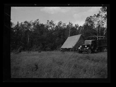 Feeding tent and truck on woodlot, Steuben County