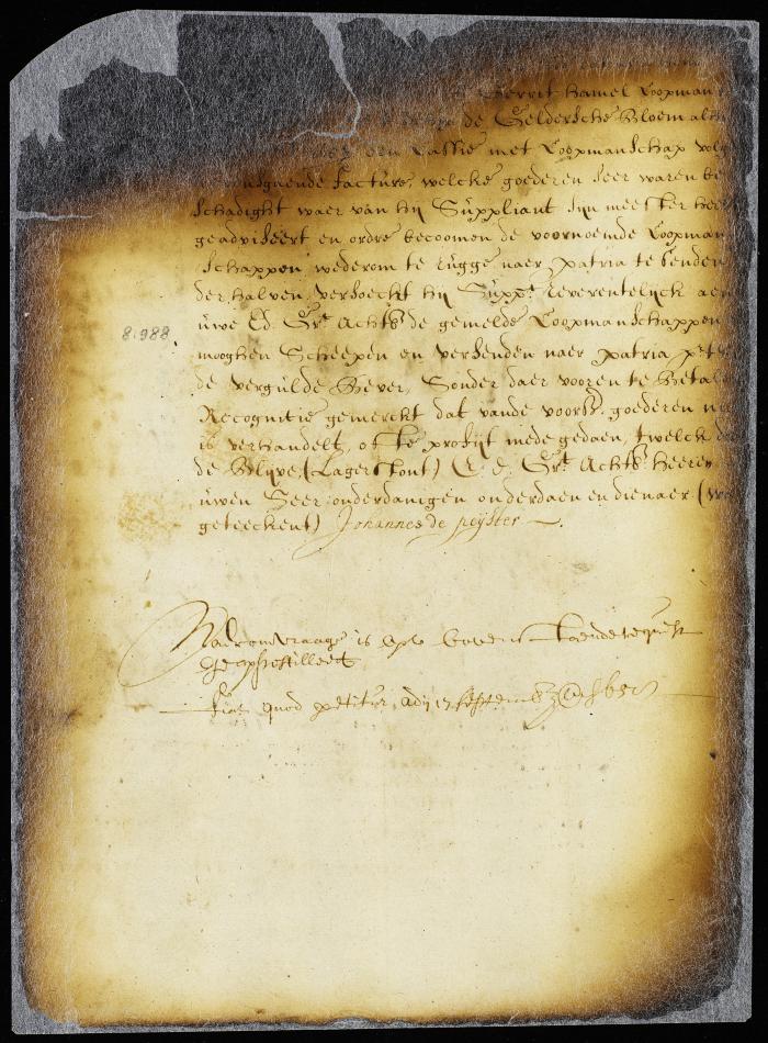 Petition of Johannes de Peyster for permission to ship back certain damaged goods to Holland