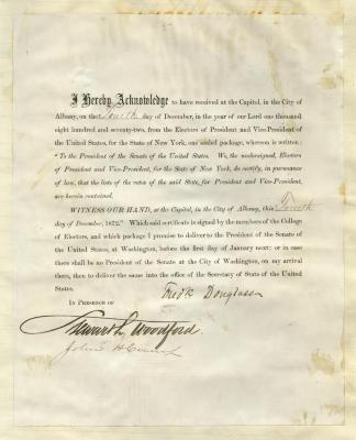 Acknowledgement signed by Frederick Douglass of receipt of electoral votes