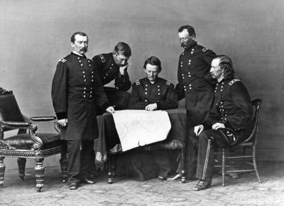 Civil War. General Philip H. Sheridan and His Generals looking at a Document