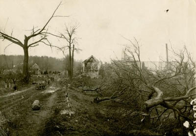 Cut trees and a farm in ruins in the Aisne, France