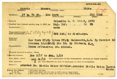 World War I military service abstract for Monson Morris