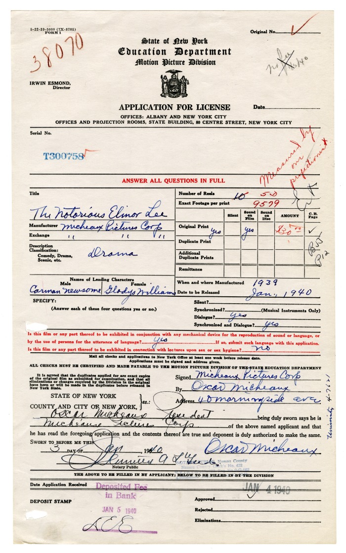 Application for license for "The Notorious Elinor Lee"