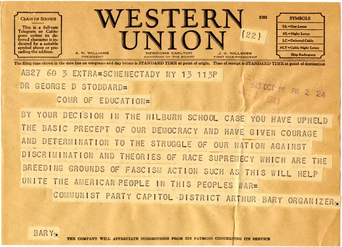 Telegram from Arthur Bary, Communist Party of the Capitol [Capital] District, to New York State Commissioner of Education Dr. George D. Stoddard