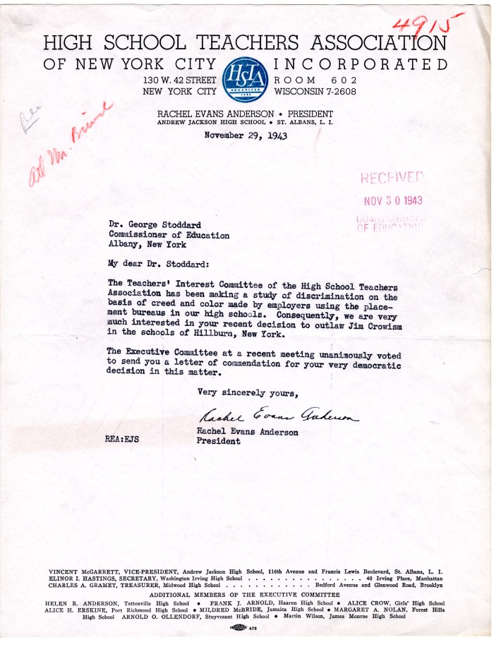 Letter from Rachel Evans Anderson, President of the High School Teachers Association, to New York State Education Commissioner George Stoddard