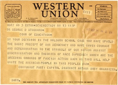 Telegram from Arthur Bary, Communist Party of the Capitol [Capital] District, to New York State Commissioner of Education Dr. George D. Stoddard