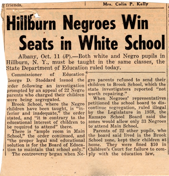 Newspaper clipping, "Hillburn Negroes Win Seats in White School"