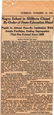 Newspaper clipping, "Negro School in Hillburn Closed by Order of State Education Head"