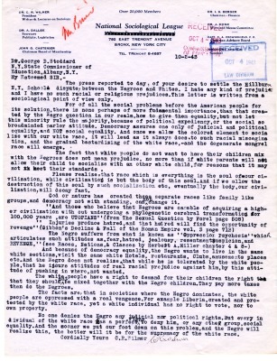 Letter from C. R. Wilmer of the National Sociological League to New York State Education Commissioner George D. Stoddard, October 2, 1943