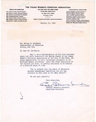 Letter from Cecelia Cabaniss Saunders, Executive Secretary of the YWCA of the City of New York Harlem Branch, to New York State Education Commissioner George D. Stoddard