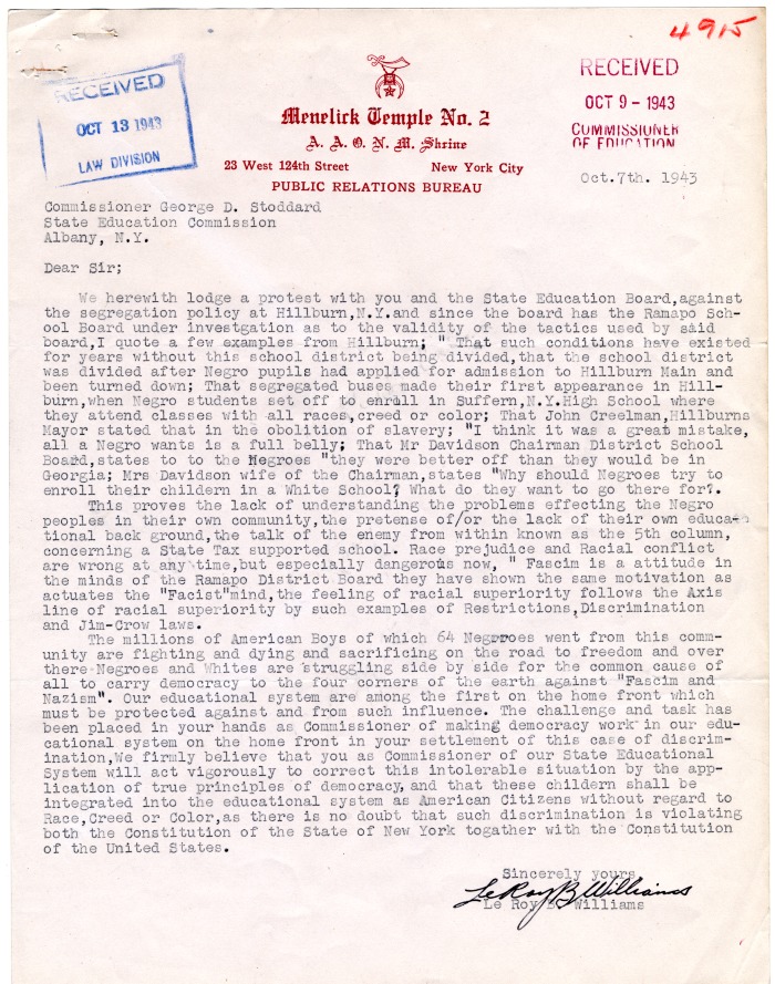 Letter from Le Roy B. Williams of Menelick Temple No. 2, Ancient Arabic Order of the Nobles of the Mystic Shrine, to New York State Education Commissioner George D. Stoddard