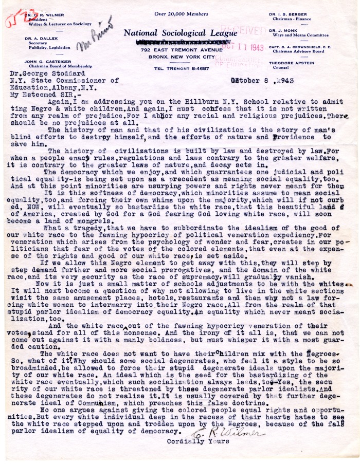 Letter from C. R. Wilmer of the National Sociological League to New York State Education Commissioner George Stoddard, October 8, 1943