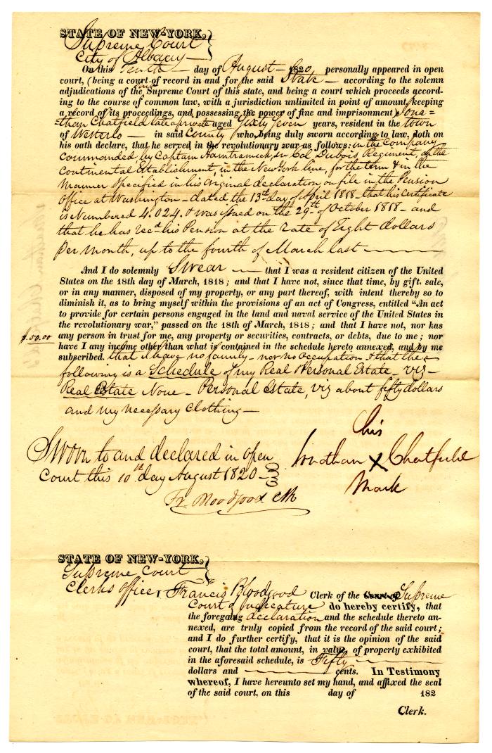 Affidavit of Revolutionary War service and property by Jonathan Chatfield