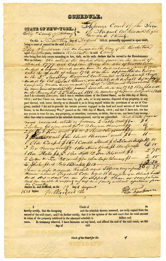 Affidavit of Revolutionary War service and property by Peter Faulkner