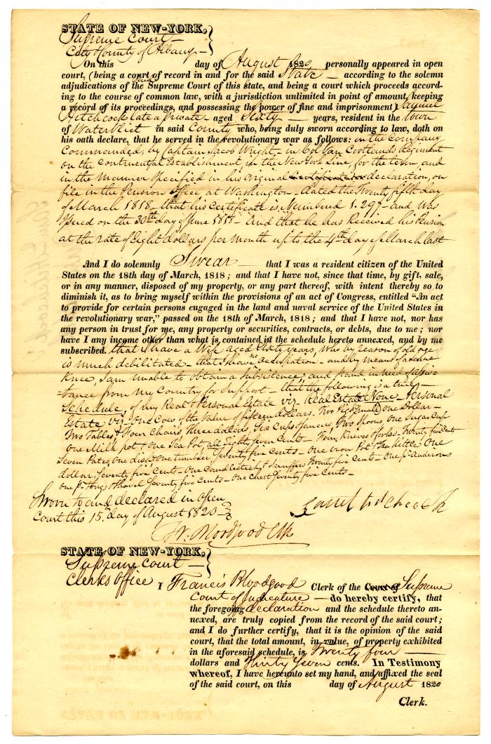 Affidavit of Revolutionary War service and property by Samuel Hitchcock