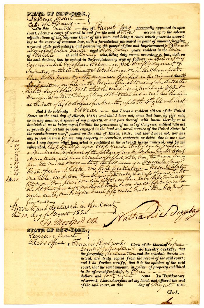 Affidavit of Revolutionary War service and property by Nathaniel Douglass