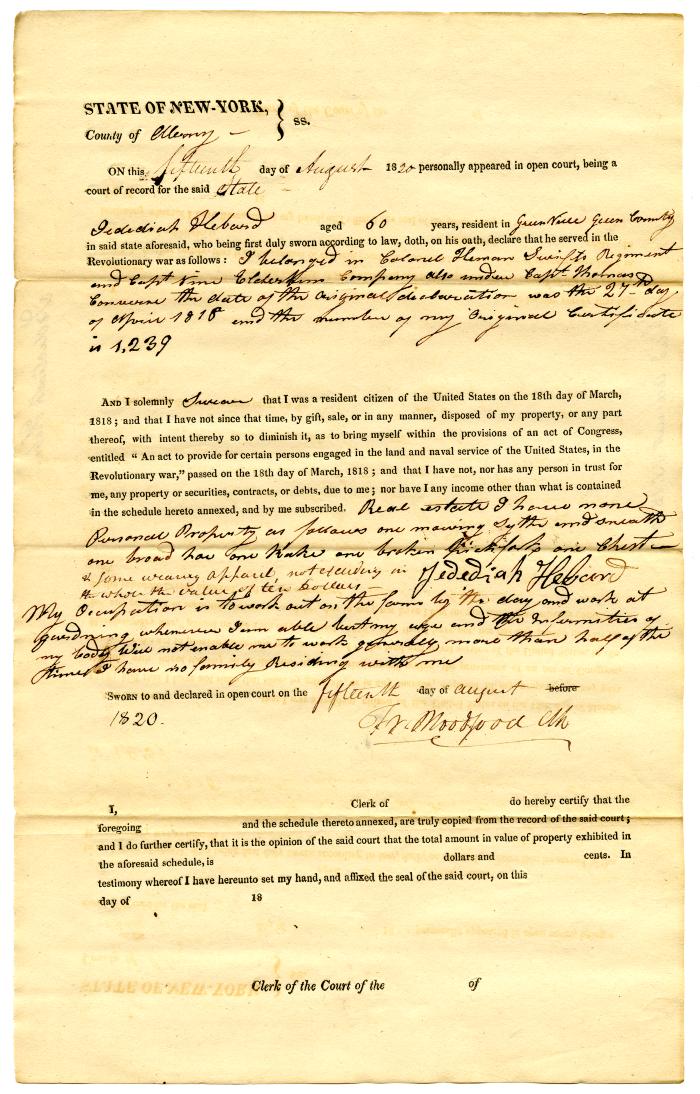 Affidavit of Revolutionary War service and property by Jedediah Hebard