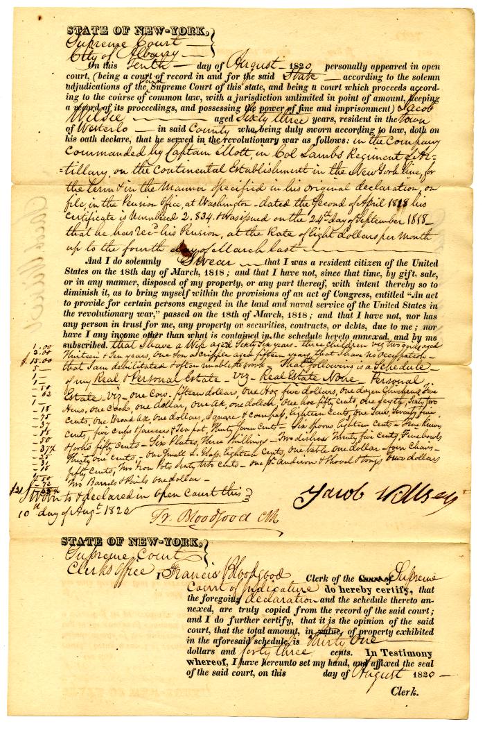 Affidavit of Revolutionary War service and property by Jacob Wilsie (also spelled Jacob Willsey)