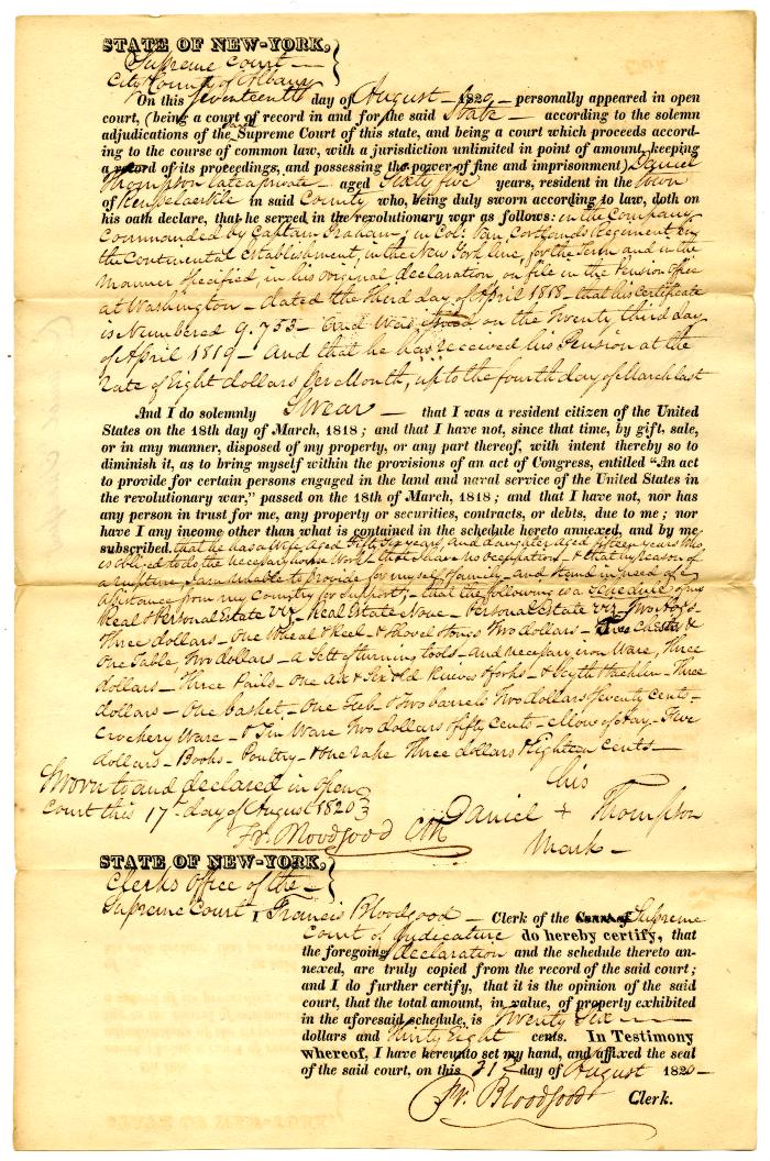 Affidavit of Revolutionary War service and property by Daniel Thompson