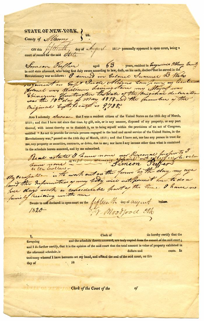 Affidavit of Revolutionary War service and property by Simeon Puffer