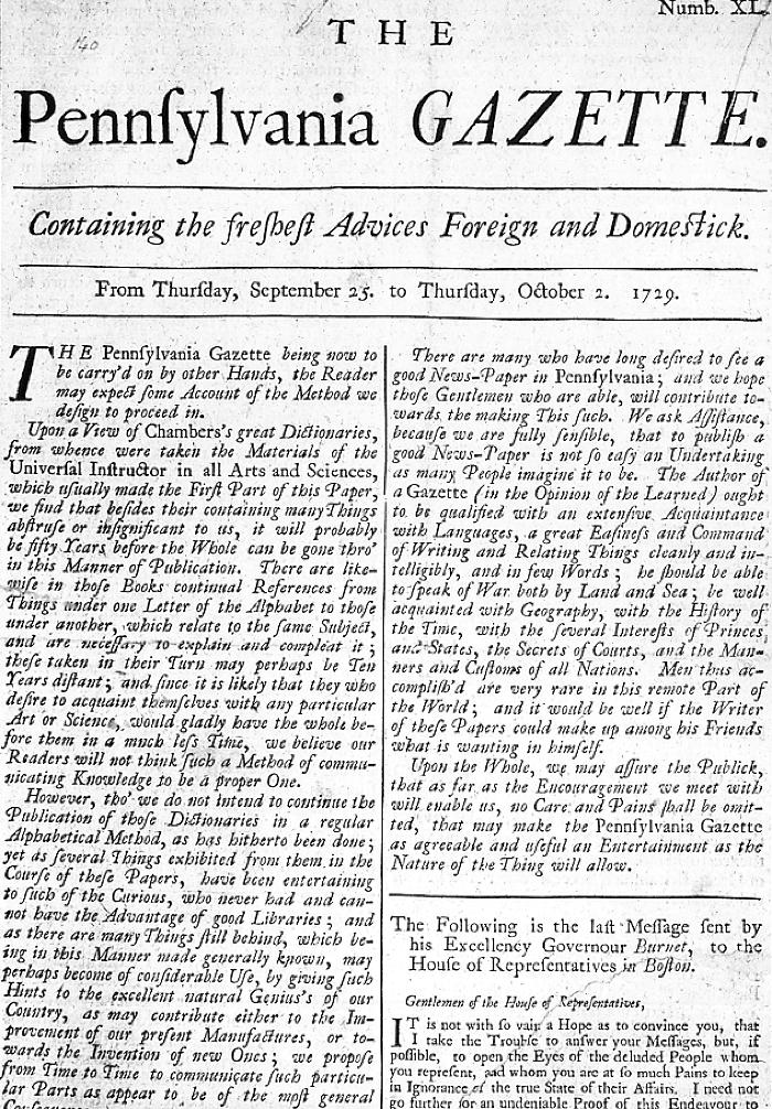 Benjamin Franklin - Title Page of The Pennsylvania Gazette