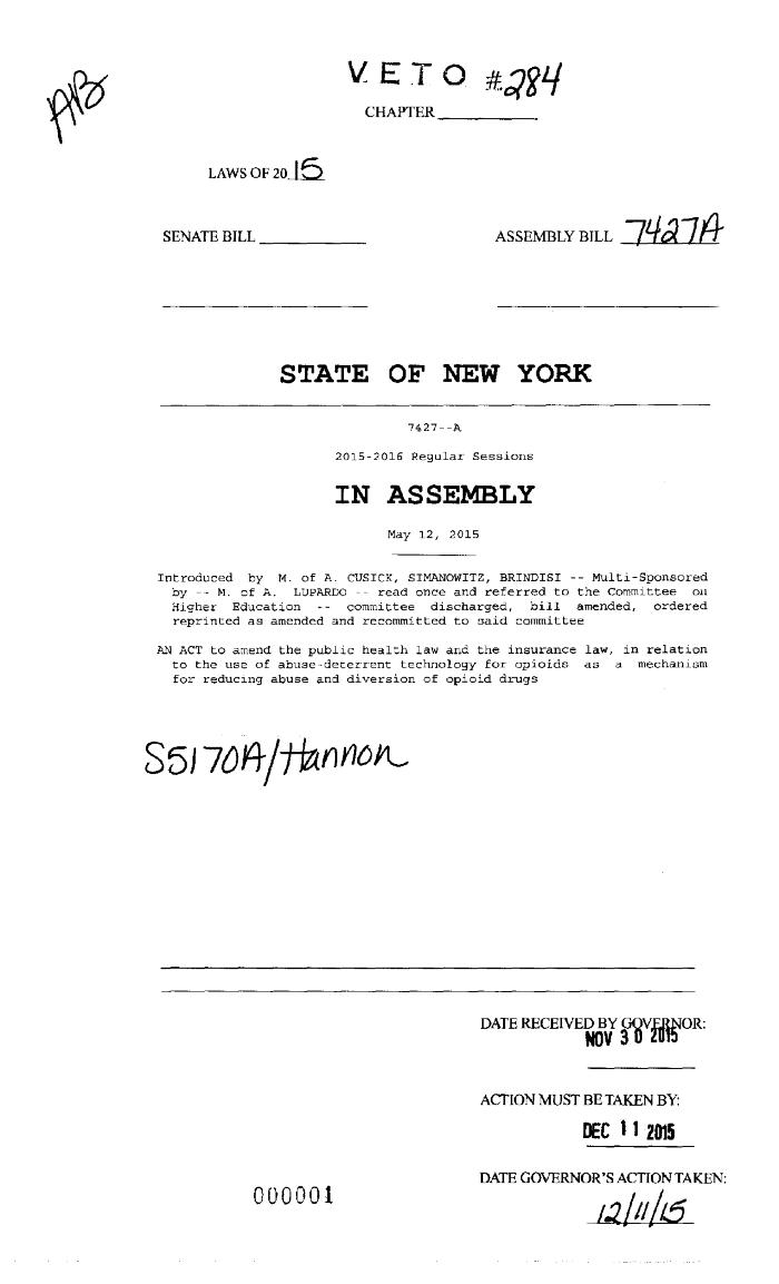 NYS Bill and Veto Jackets: 2015, Veto 284