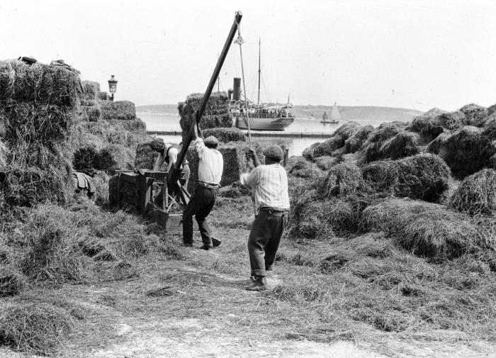 Baling Hay by Hand Machine; Steamer in Harbor. On quay, Corfu, Island of Corfu, Greece