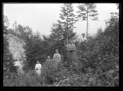 Six people on a mountain in forest