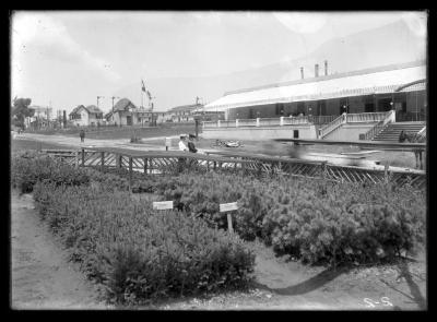 Two women walking by the New York State nursery