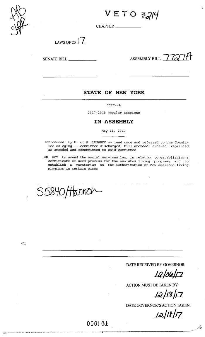 NYS Bill and Veto Jackets: 2017, Veto 214