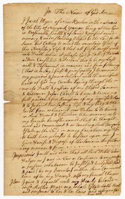 Probated will of Jacob Myer, 1759