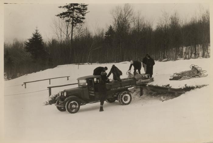 Truck taking passengers up bobsled run, Lake Placid, N.Y.