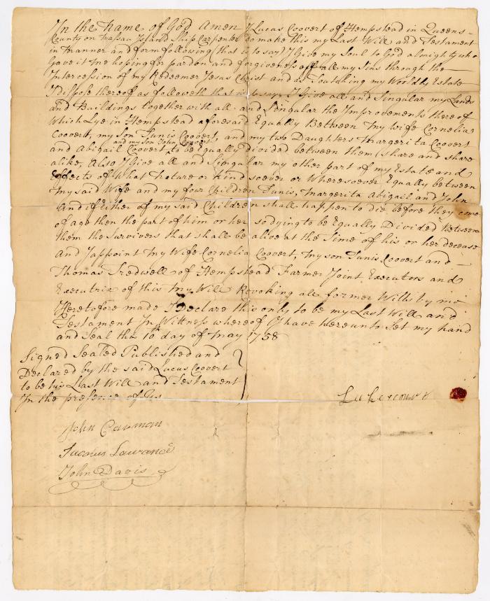 Probated will of Lucas Coovert, 1761