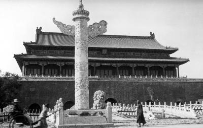 Forbidden City: south gate,  watch tower, carved column and marble lion, Beijing, China