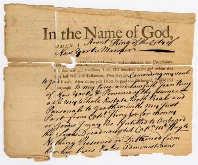 Probated will of Arent King, 1763