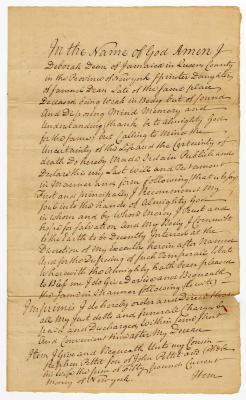 Probated will of Deborah Dean, 1764