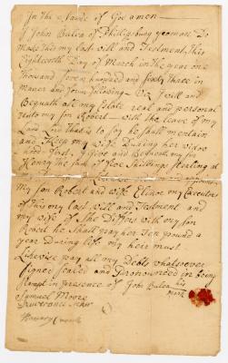 Probated will of John Bulea, 1766