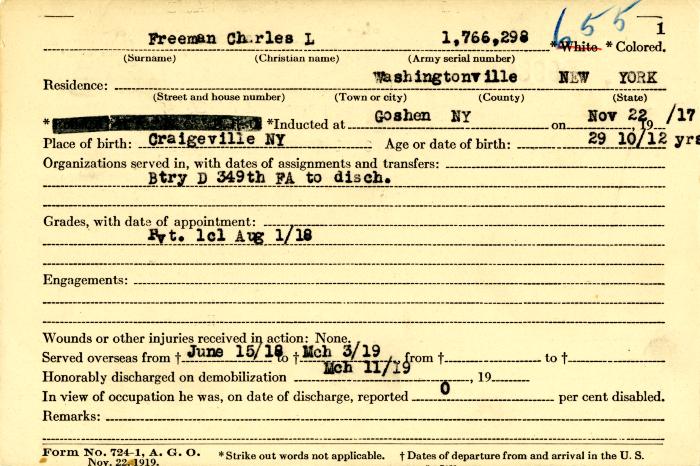 World War I military service abstract for Charles L. Freeman