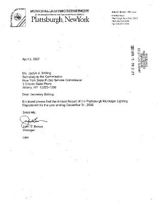 Municipal electric utilities annual report of the Plattsburgh Municipal Lighting Department to the Public Service Commission, 2006