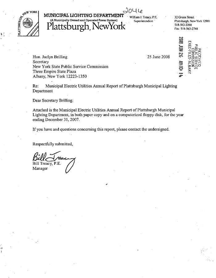 Municipal electric utilities annual report of the Plattsburgh Municipal Lighting Department to the Public Service Commission, 2007