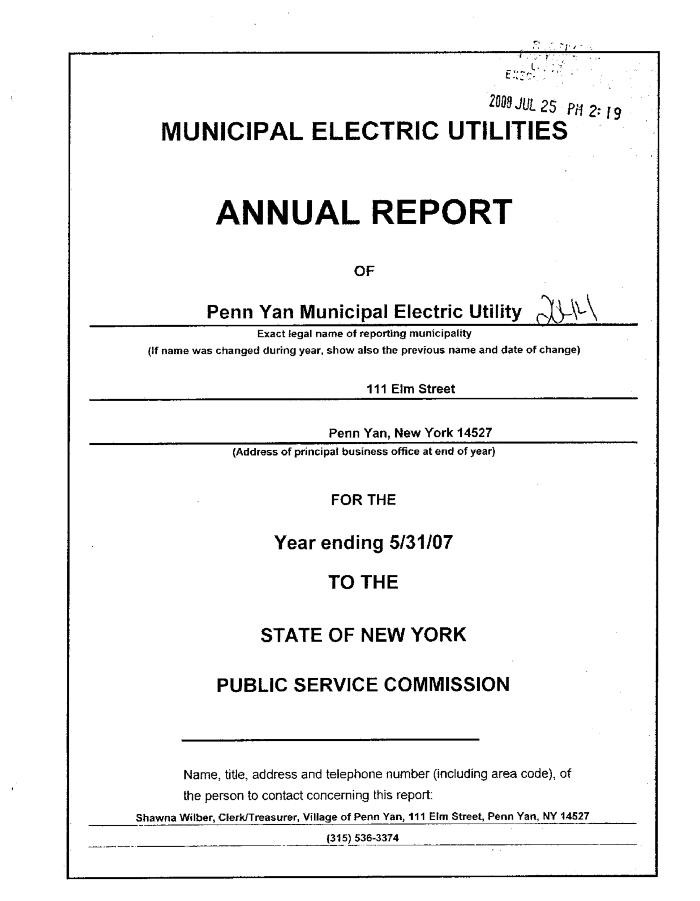 Municipal electric utilities annual report of the Penn Yan Municipal Utilities to the Public Service Commission, 2007