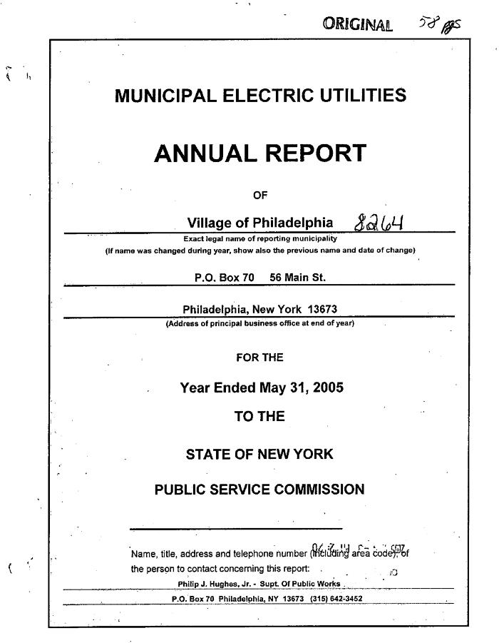 Municipal electric utilities annual report of the Village of Philadelphia to the Public Service Commission, 2005