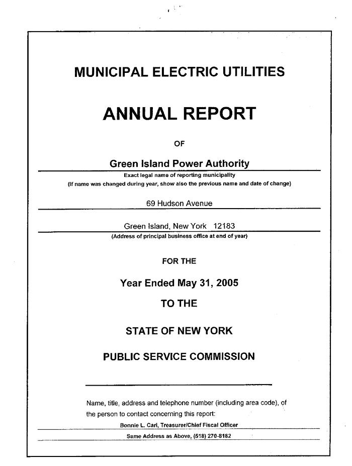 Municipal electric utilities annual report of the Green Island Power Authority to the Public Service Commission, 2005