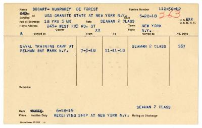 World War I military service abstract for Humphrey Bogart, Navy service number 112 30 62