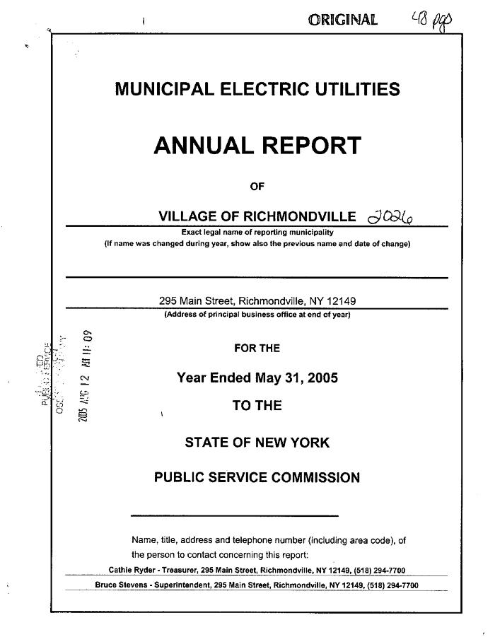 Municipal electric utilities annual report of the Village of Richmondville to the Public Service Commission, 2005