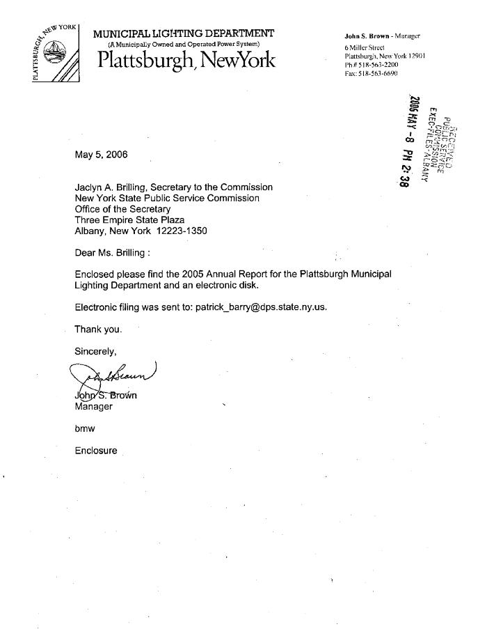 Municipal electric utilities annual report of the Plattsburgh Municipal Lighting Department to the Public Service Commission, 2005